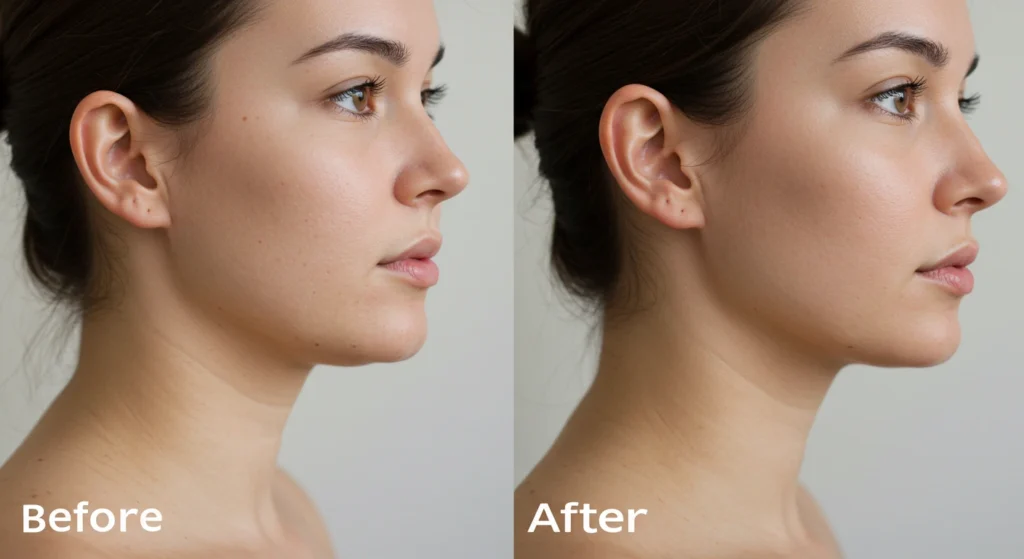 Side-by-side comparison of a woman's profile before and after jawline fillers, showing enhanced jawline definition and smoother skin.