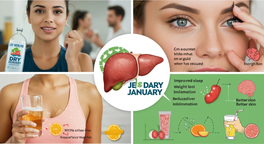 health benefits dry january with a liver illustration, health benefits like better sleep and skin, and people drinking water and juice