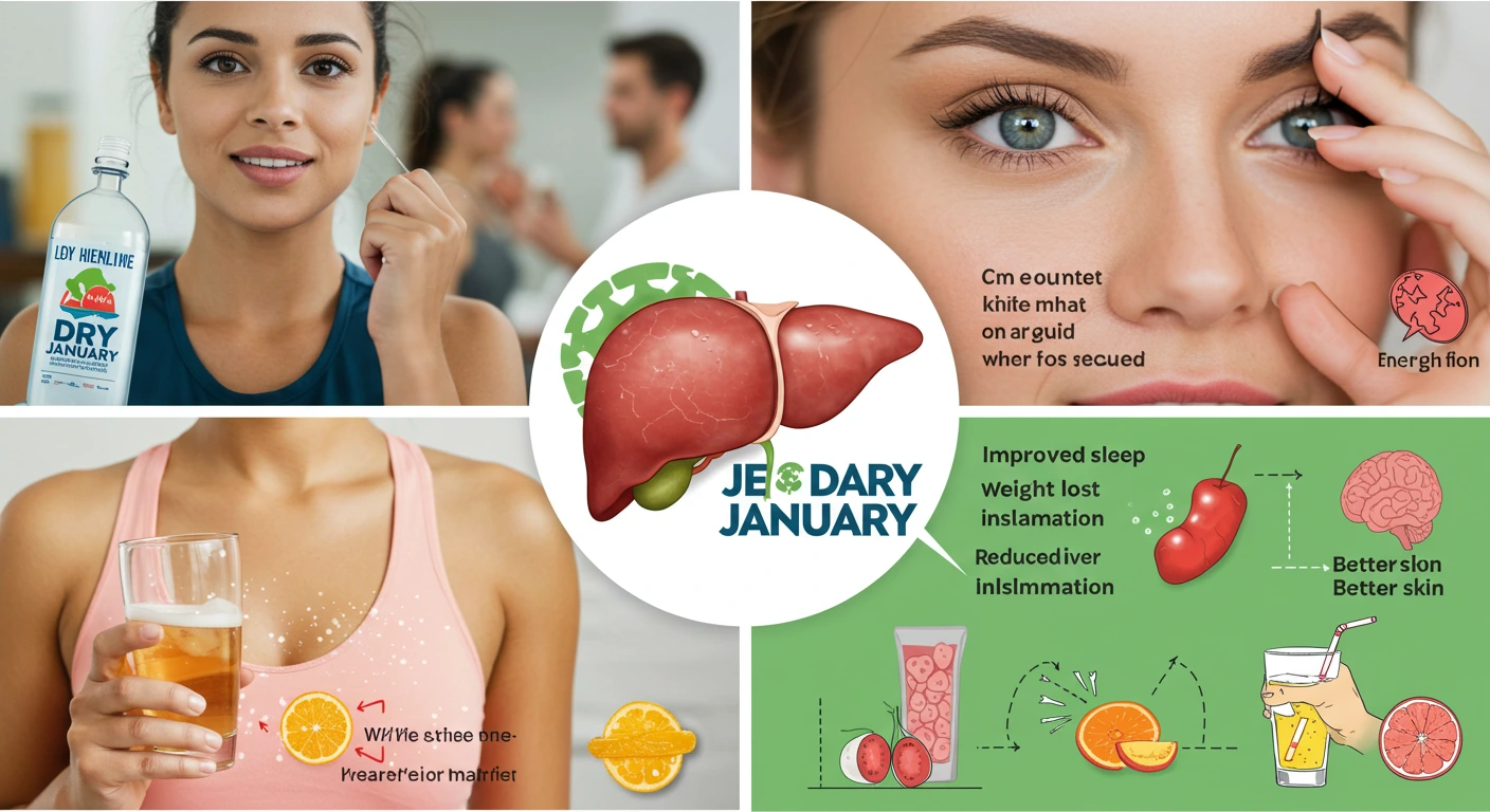 health benefits dry january with a liver illustration, health benefits like better sleep and skin, and people drinking water and juice