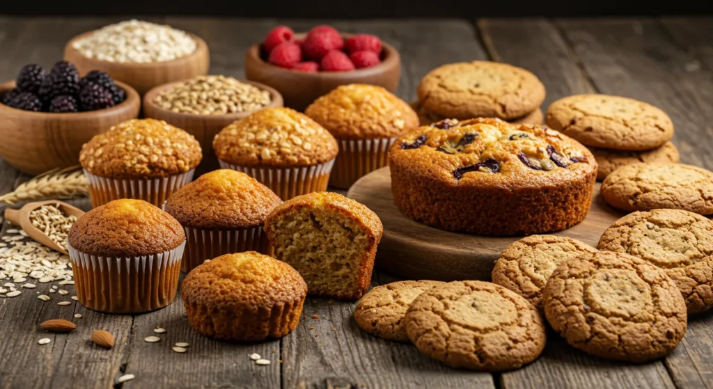 Healthy Baking Recipes featuring whole grain muffins, fruit cakes, and gluten-free cookies with ingredients like oats, berries, and nuts