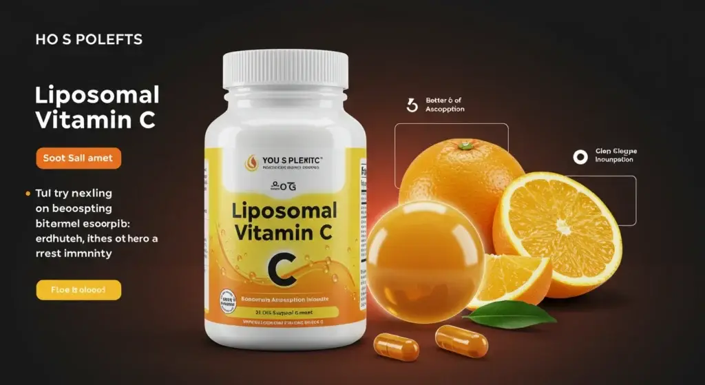 Illustration of Liposomal Vitamin C supplement with citrus fruits, highlighting better absorption and immune-boosting benefits for improved health.