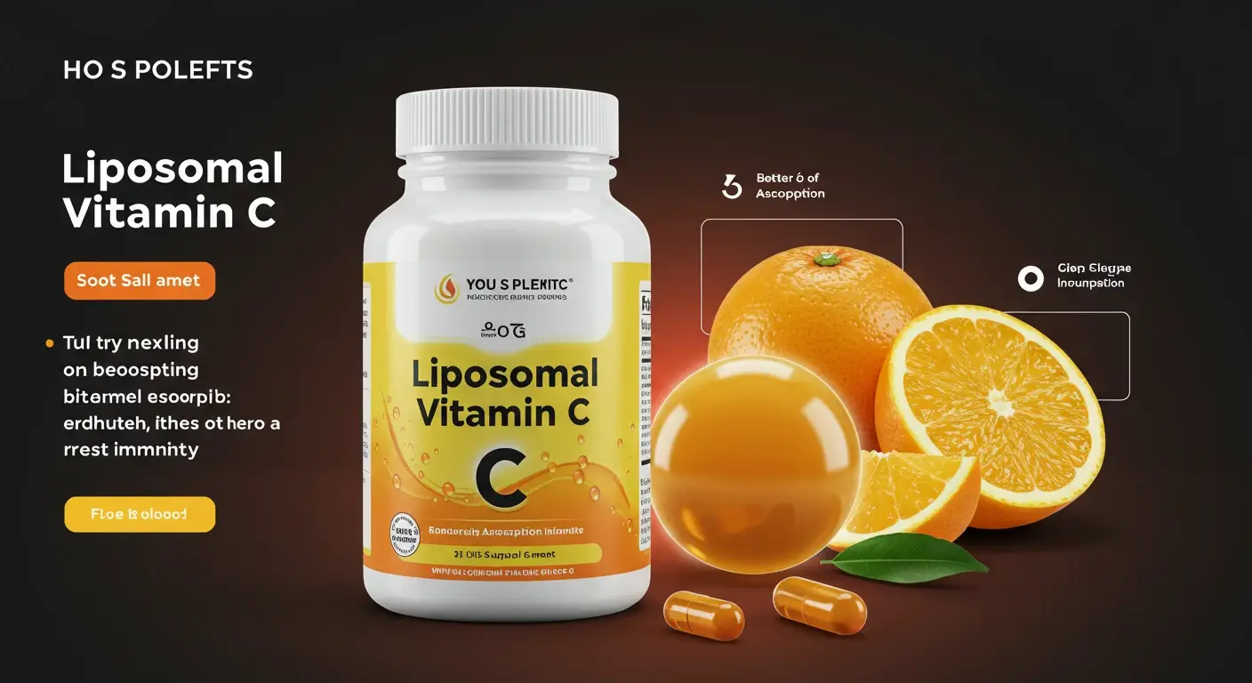 Illustration of Liposomal Vitamin C supplement with citrus fruits, highlighting better absorption and immune-boosting benefits for improved health.