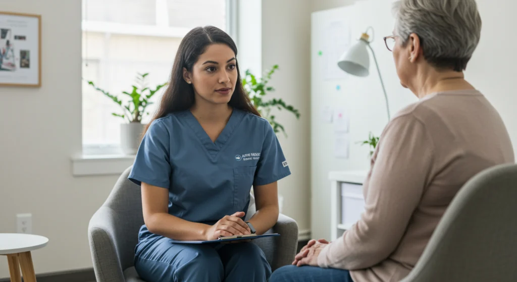 A nurse wearing blue scrubs, labeled with "APN" (Advanced Practice Nurse), attentively listens to a senior woman in a clinical office setting, suggesting a compassionate consultation.