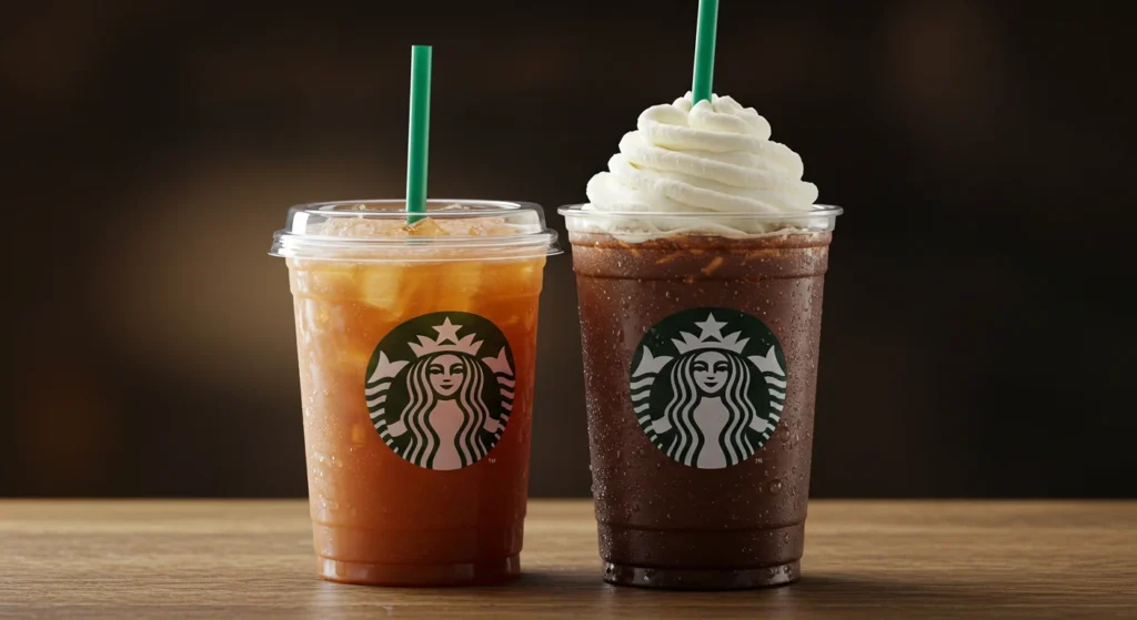 Two Starbucks drinks: a refreshing iced tea and a chocolate Frappuccino, highlighting healthy Starbucks drinks alongside indulgent options.