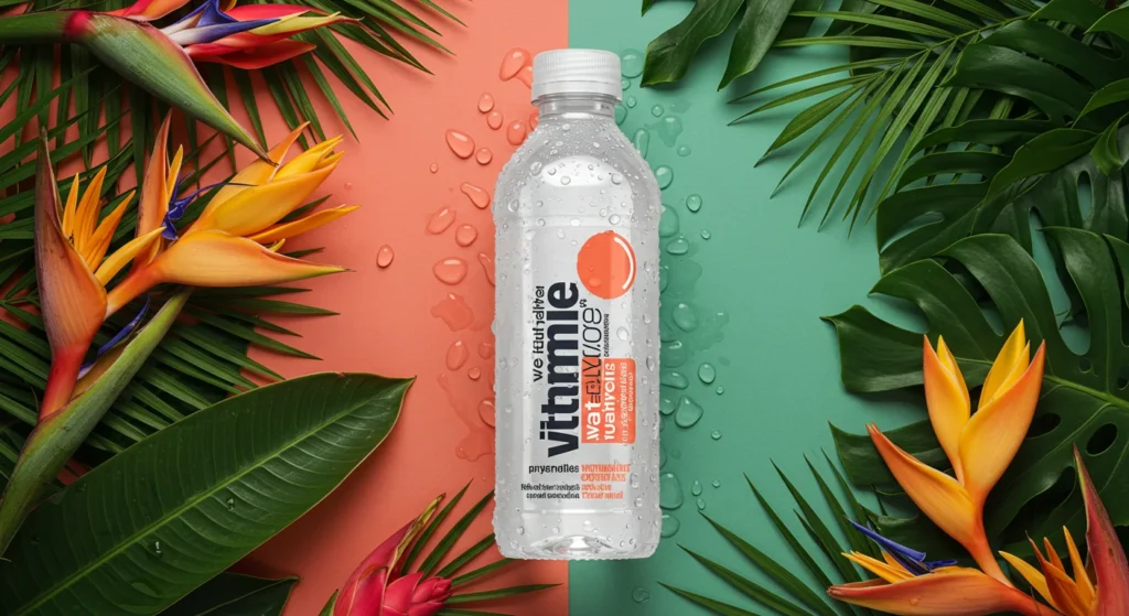 Vitamin water bottle surrounded by tropical leaves and vibrant orange flowers, with a colorful background split between pink and green