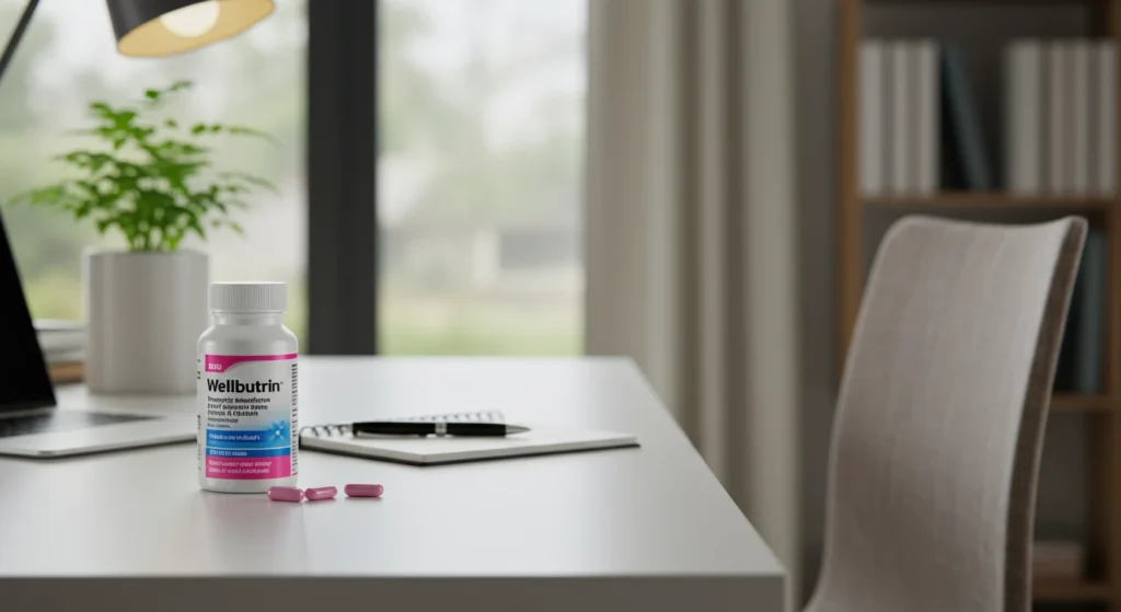 A bottle of Wellbutrin for Anxiety on a clean desk surrounded by green plants, a cup of tea, and soft lighting