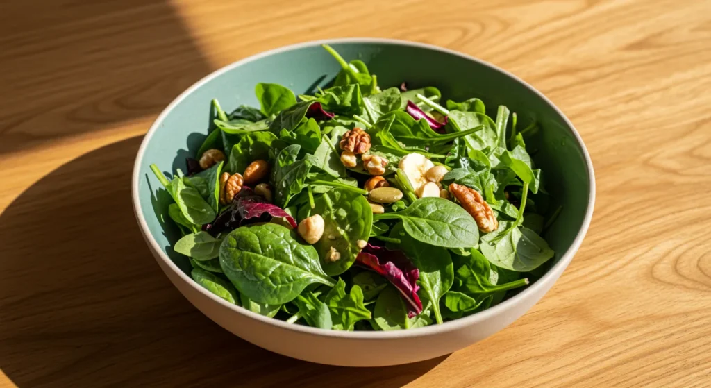 Bowl of fresh sweet greens with kale, spinach, and swiss chard, packed with nutrients and vibrant colors.