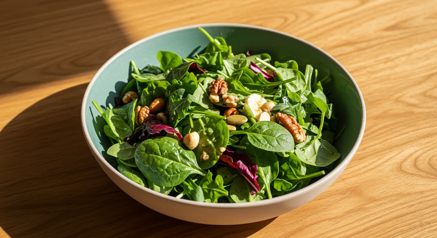 Bowl of fresh sweet greens with kale, spinach, and swiss chard, packed with nutrients and vibrant colors.