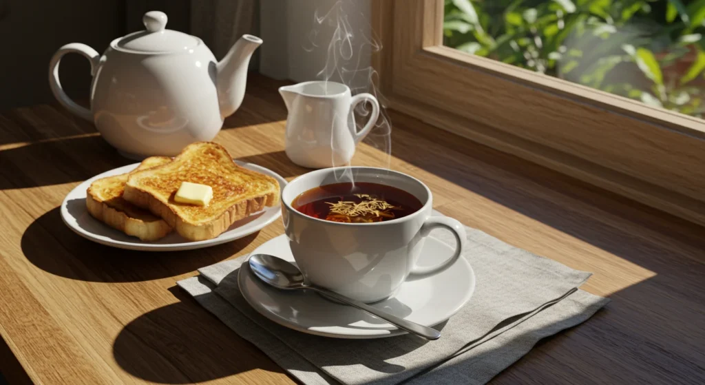 A cup of English breakfast tea with a teapot, toast, and milk jug, set on a wooden table in a cozy morning setting.