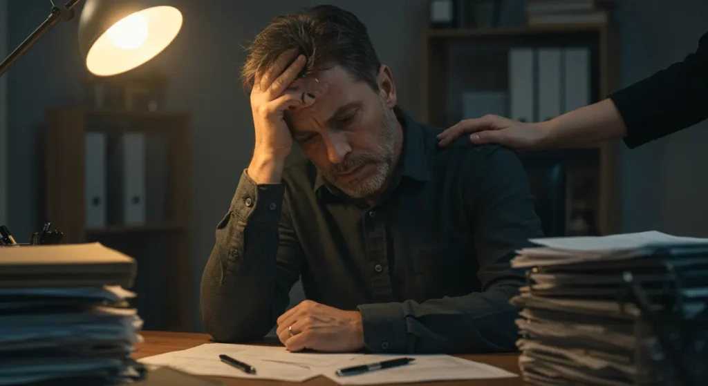 Man experiencing work stress, highlighting common challenges discussed during Men's Mental Health Month