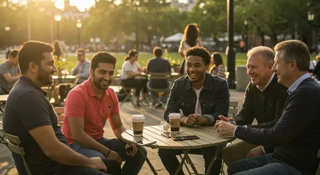 Men engaging in open conversation, a key theme of Men's Mental Health Month